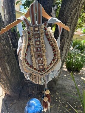 Rubyyaya Boho Embellished Gray Canvas Backpack with Tassels made in Australia